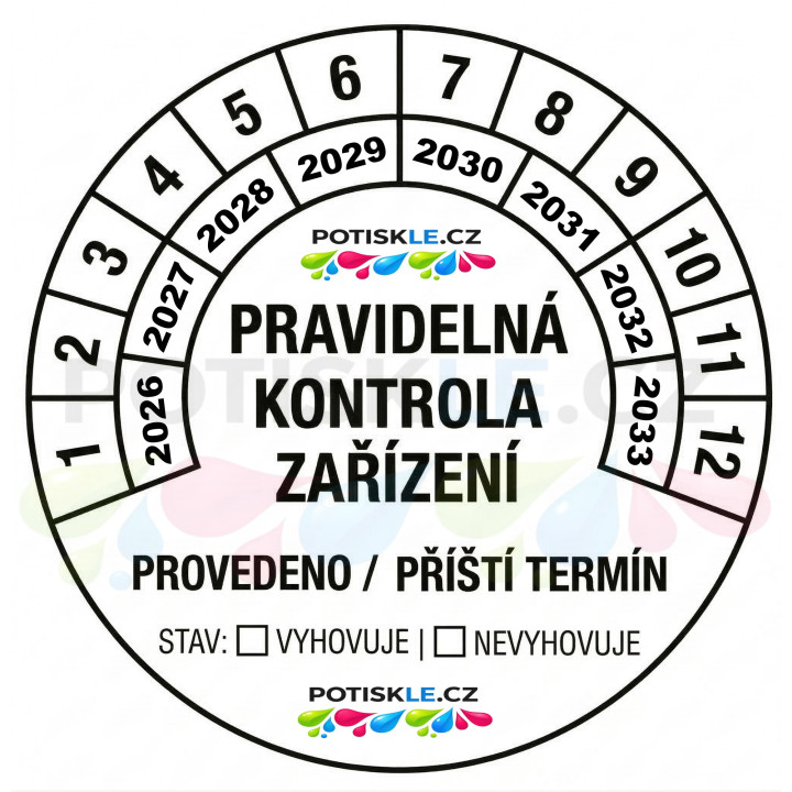 Univerzální kontrolní revizní štítek (kolečko) : Kontrola zařízení (2026–2033) ©POTISKLE.cz