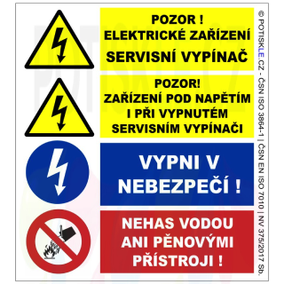 Bezpečnostní tabulka: Servisní vypínač – Pozor pod napětím, Formát A6 (105 × 148 mm) ©POTISKLE.cz