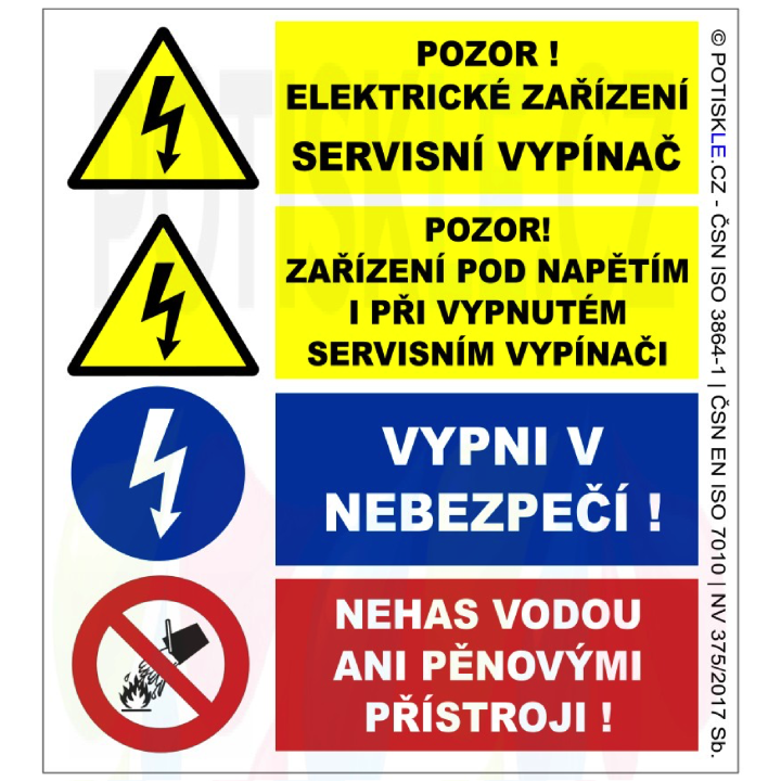 Bezpečnostní tabulka: Servisní vypínač – Pozor pod napětím, Formát A6 (105 × 148 mm) ©POTISKLE.cz
