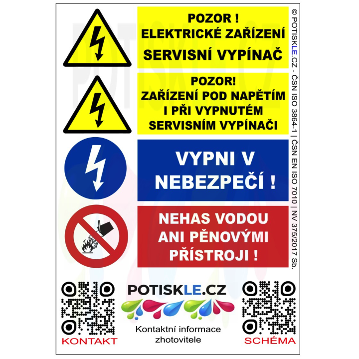 Bezpečnostní tabulka: Servisní vypínač – Pozor pod napětím, Formát A6 (105 × 148 mm) ©POTISKLE.cz QR