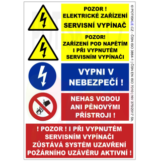 Bezpečnostní tabulka: Servisní vypínač požární uzávěr - Pozor pod napětím, Formát A6 (105 × 148 mm) ©POTISKLE.cz