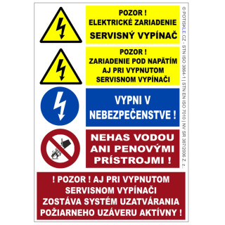 Bezpečnostná tabuľka: Servisný vypínač požiarneho uzáveru – Pozor pod napätím, Formát A6 (105 × 148 mm) ©POTISKLE.cz